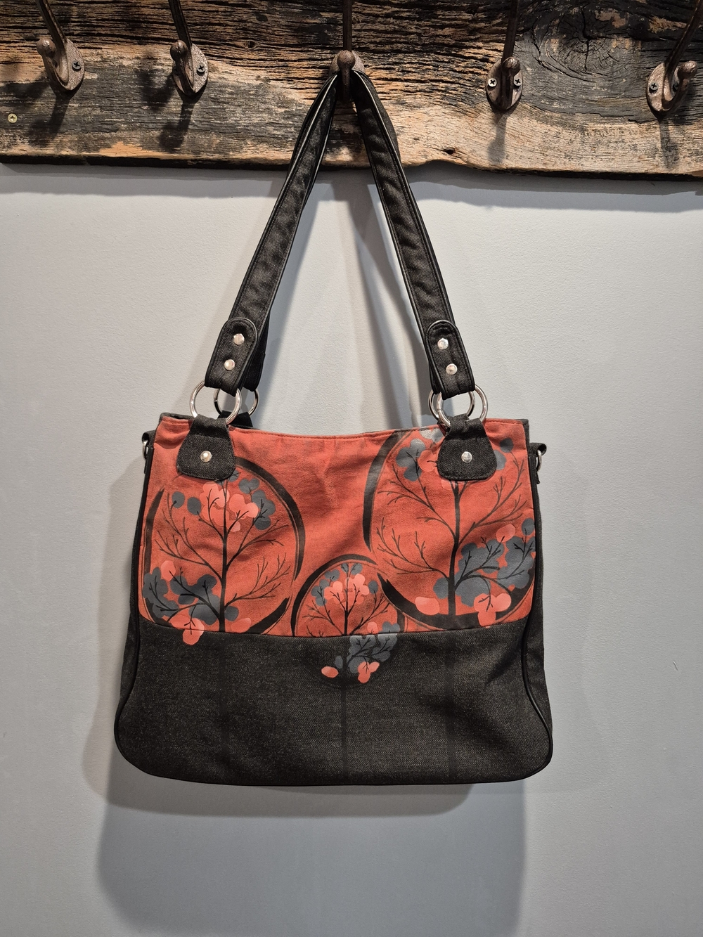 Jaks Stylish Red Floral Tote Bag with Black Accents Vegan Friendly Design